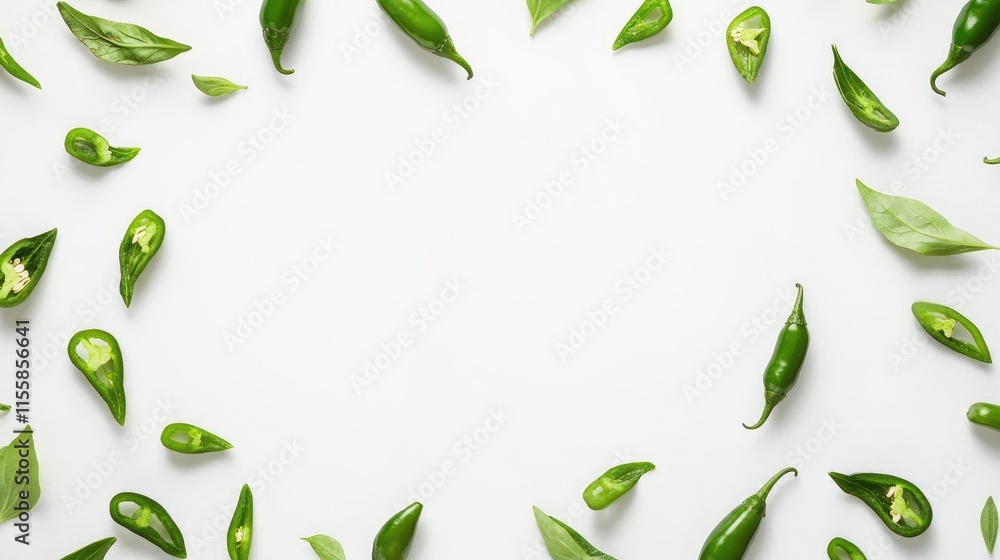 Poster fresh jalapenos arranged on a white background creating a circular frame with ample empty space for 