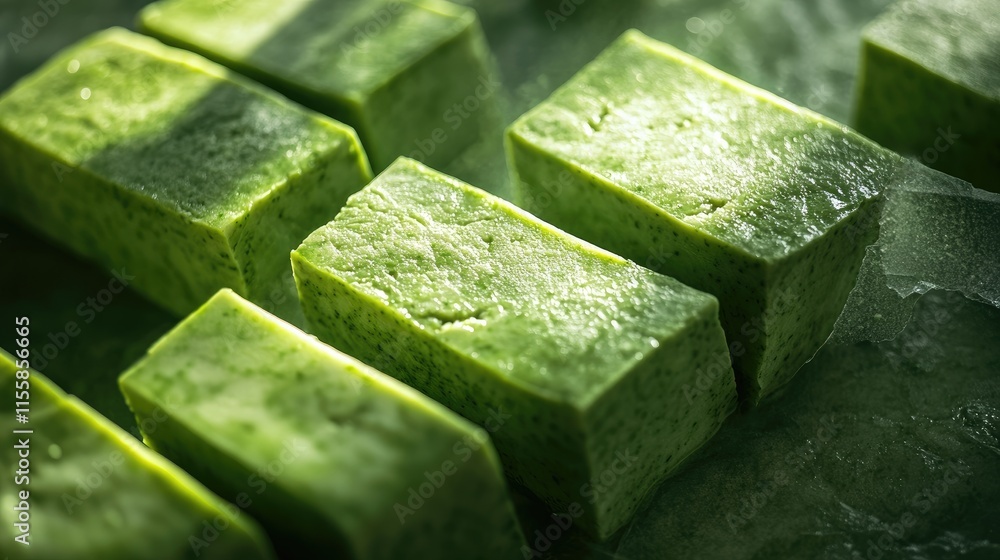 Poster fresh green tofu blocks illuminated by sunlight showcasing unique texture and vibrant color with spa