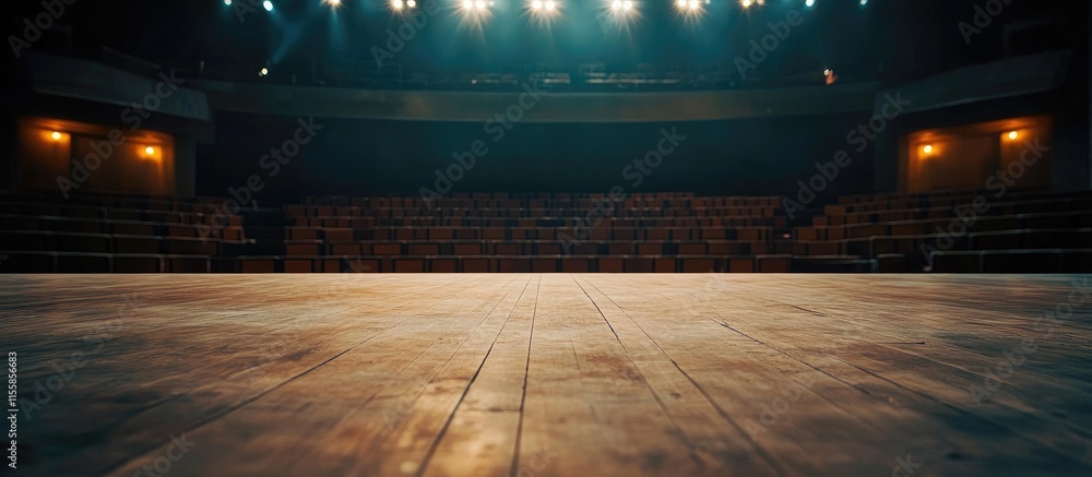 Poster abstract empty concert hall stage with spotlight illumination and ample copyspace for text in a prof