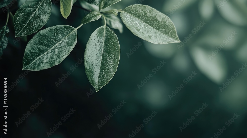 Poster fresh green leaves on tree branch with soft focus background for text placement and nature themes in