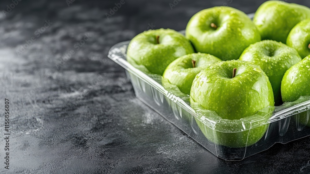 Aufkleber fresh organic green apples in protective packaging on dark background with ample empty space for tex