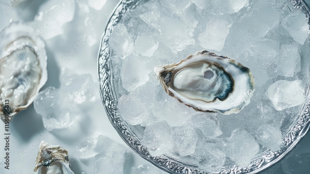 Poster elegant presentation of fresh oysters on ice with emphasis on a single oyster showcasing empty space