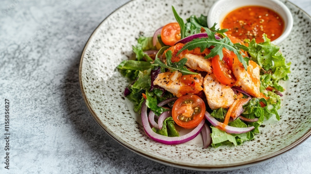 Aufkleber fresh organic salad with tomatoes carrots onions lettuce and arugula on textured plate with colorful