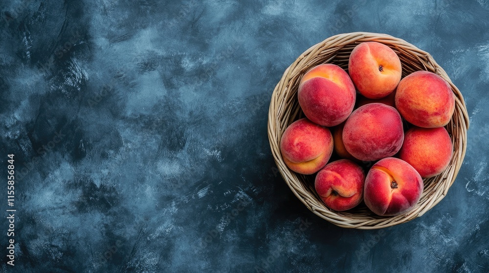 Poster fresh ripe peaches arranged in a round wooden basket with textured background and ample copy space f