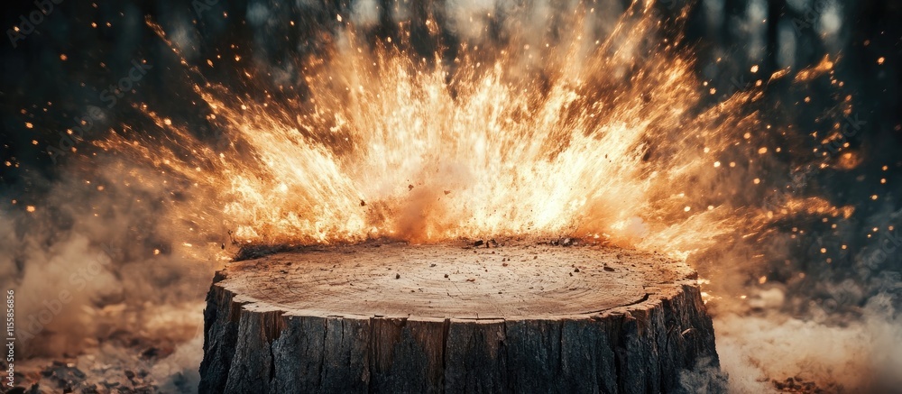 Poster abstract explosion effect on a weathered tree stump with dynamic sparks and atmospheric elements ide
