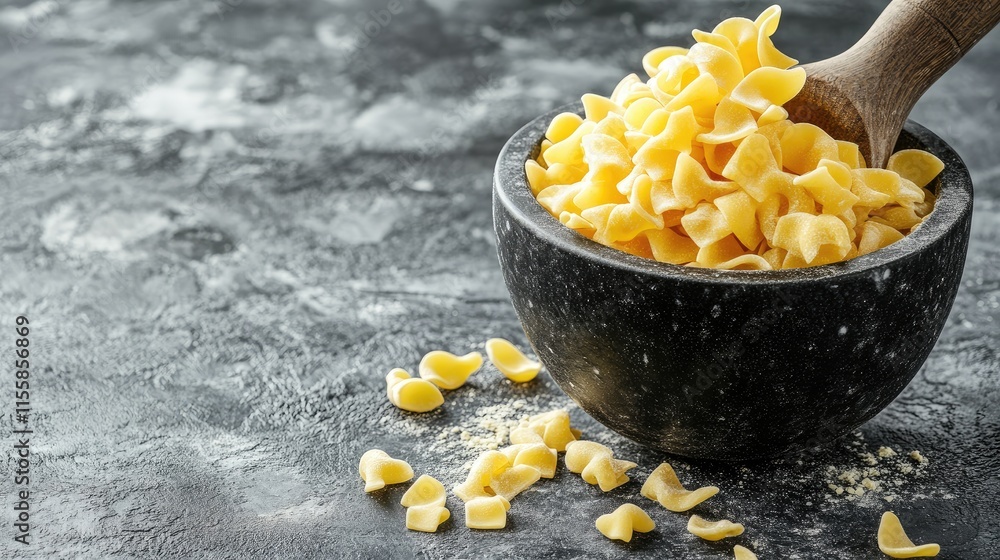Poster fresh artisanal pasta in a rustic mortar with scattered pieces and ample empty space for text or bra