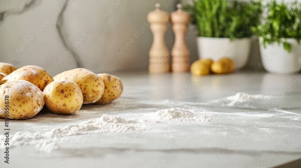 Aufkleber freshly prepared potato dough surrounded by flour on a kitchen counter with ideal space for adding t