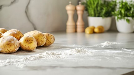 Fototapeta premium Freshly prepared potato dough surrounded by flour on a kitchen counter with ideal space for adding text or branding elements.