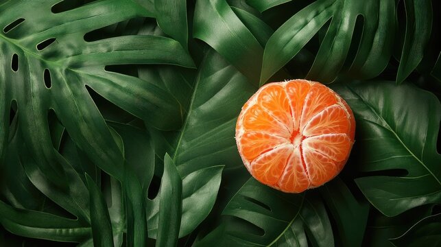 Close up of fresh peeled clementine surrounded by lush tropical leaves with ample space for text or branding showcasing freshness and vibrancy