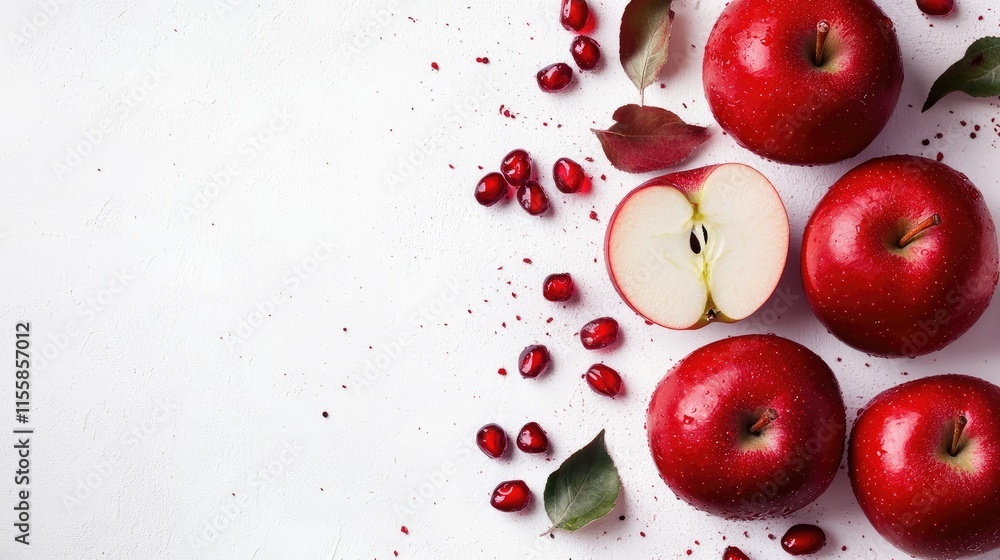 Poster fresh red delicious apples with one sliced half on a white background showcasing vibrant colors and 