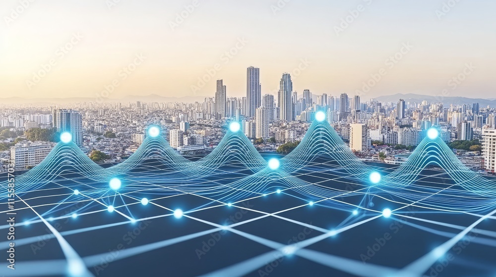 Poster blue abstract background featuring a network grid with interconnected particles. stock aig21