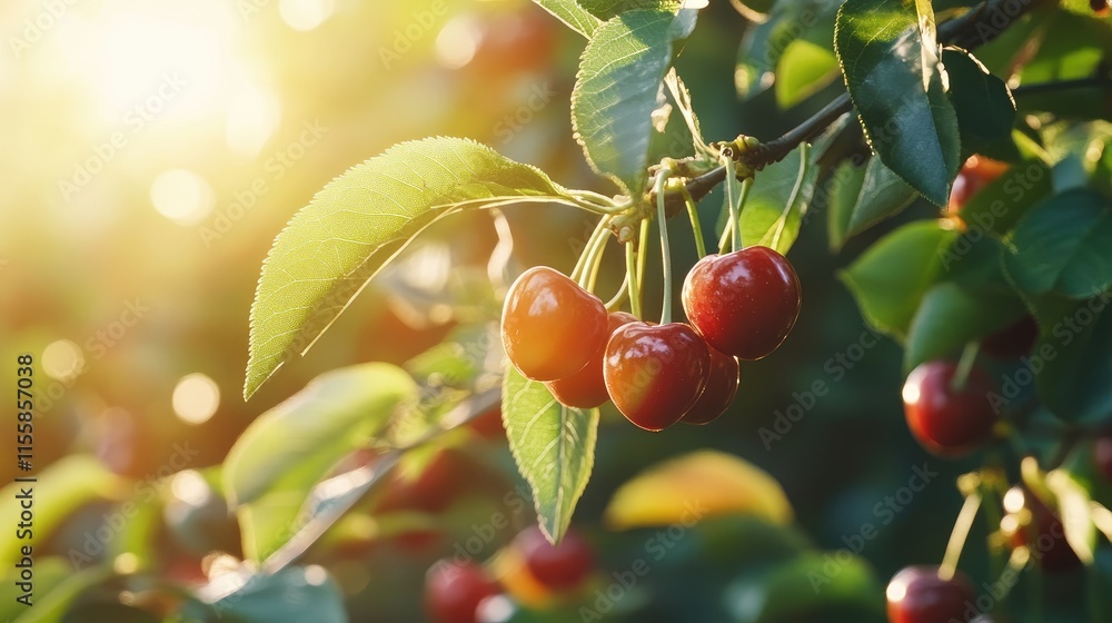Poster fresh ripe cherries on a branch with green leaves in a sunlit orchard creating a warm farm atmospher