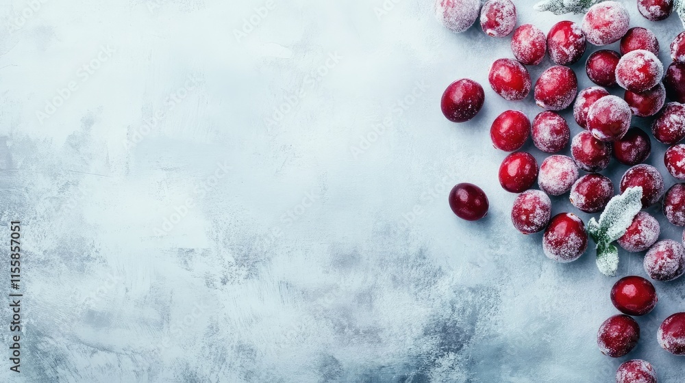 Poster Vibrant fresh cranberries on a textured background with frosted appearance and ample copy space for seasonal text or messaging.