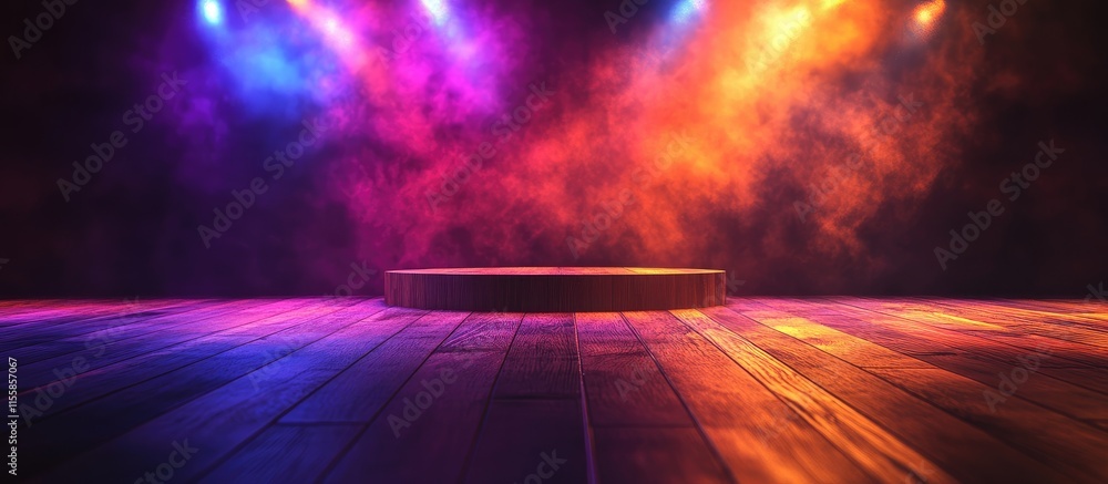 Poster vibrant abstract light wall with flares illuminating empty wooden stage creating space for text and 