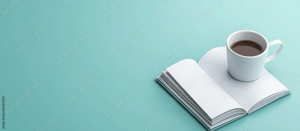 Poster 3d illustration of open business magazine and coffee cup on teal background featuring blank space fo