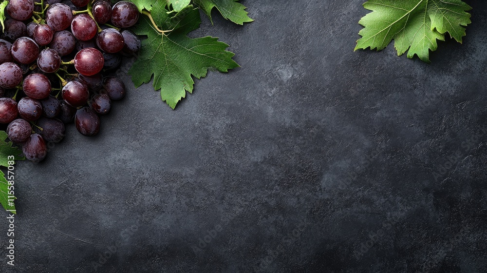 Poster fresh ripe french grapes with green leaves against a dark textured background empty space for text a