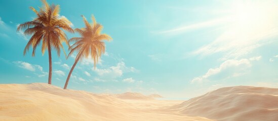 Obraz premium Tropical beach landscape with palm trees under blue sky and sun rays ideal for text placement and creative projects