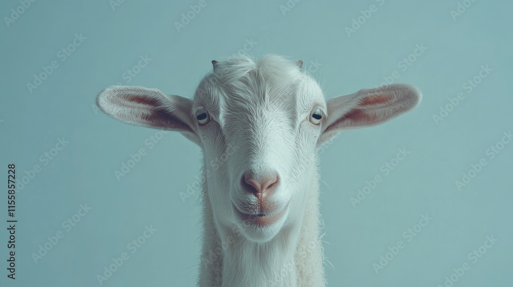 Poster close up portrait of a curious white goat with soft features against a plain background ideal for ad