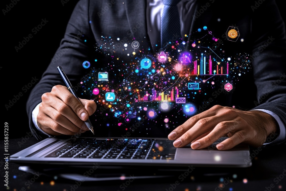 Poster a businessman analyzes and visualizes complex information on a virtual screen using ai to process da