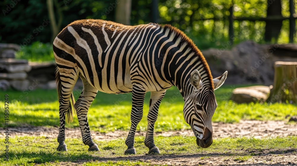 Poster close up of a zebra grazing in sunlight showcasing intricate fur patterns in a natural setting with 