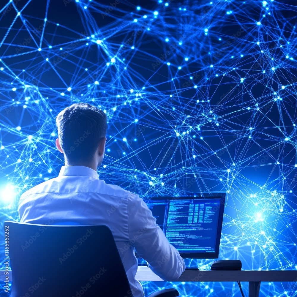 Poster tech guru harnesses cutting-edge vision in a futuristic data center, using a laptop amidst a warehou