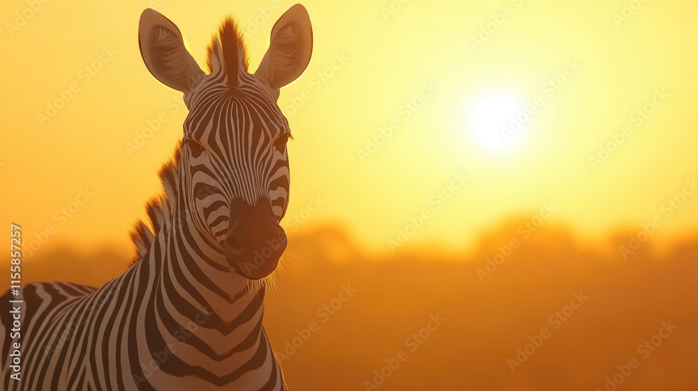 Poster zebra portrait against sunset backdrop with soft golden light creating serene atmosphere and ample s