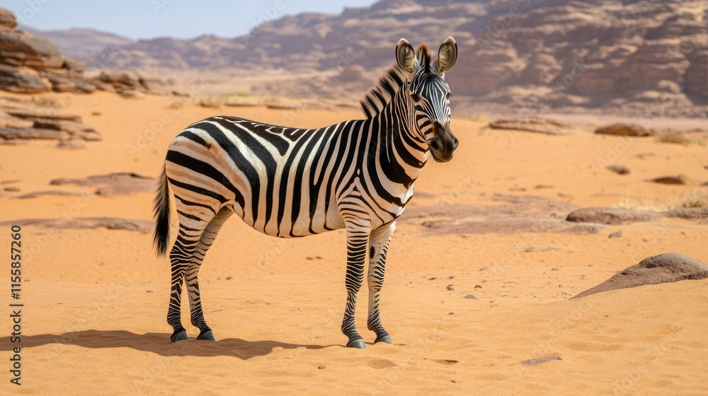 Poster close up of a zebra standing in a desert landscape with natural empty space for text or graphic over