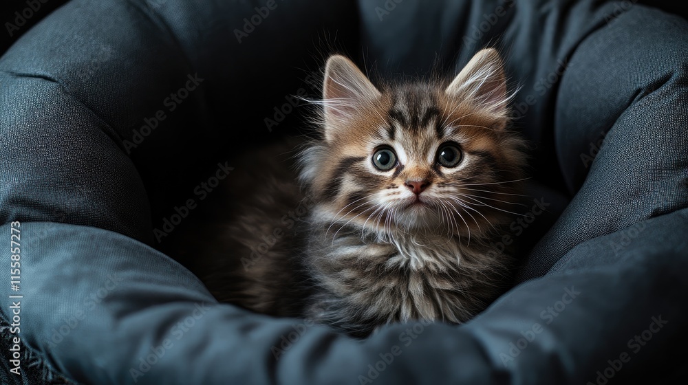 Poster cozy close-up of an adorable kitten resting in a soft bed with ample space for text placement or cre