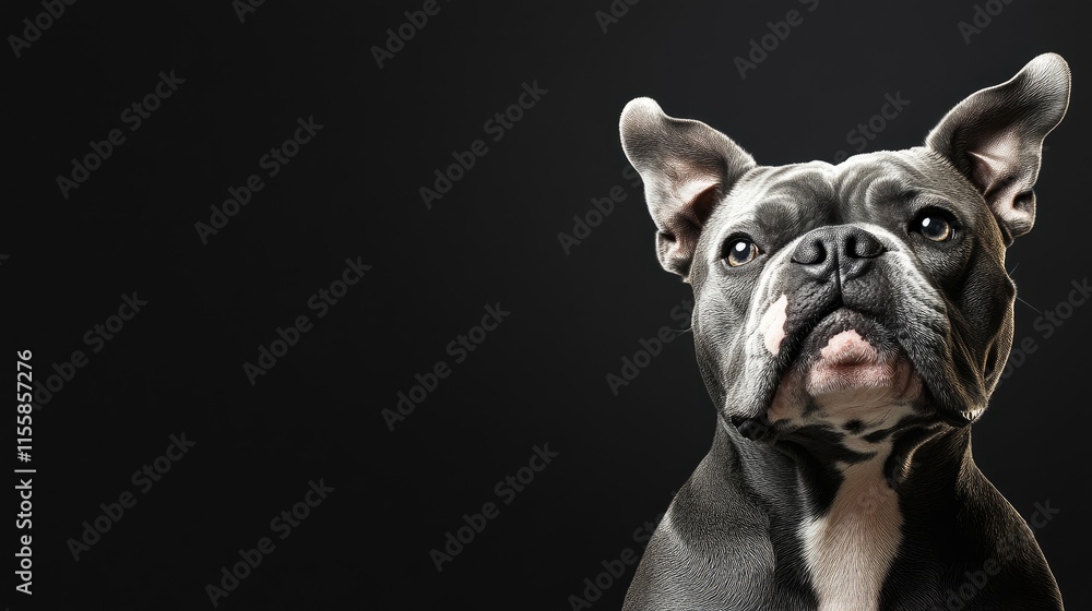 Poster close up portrait of an american bully dog against a black background with empty space for text show