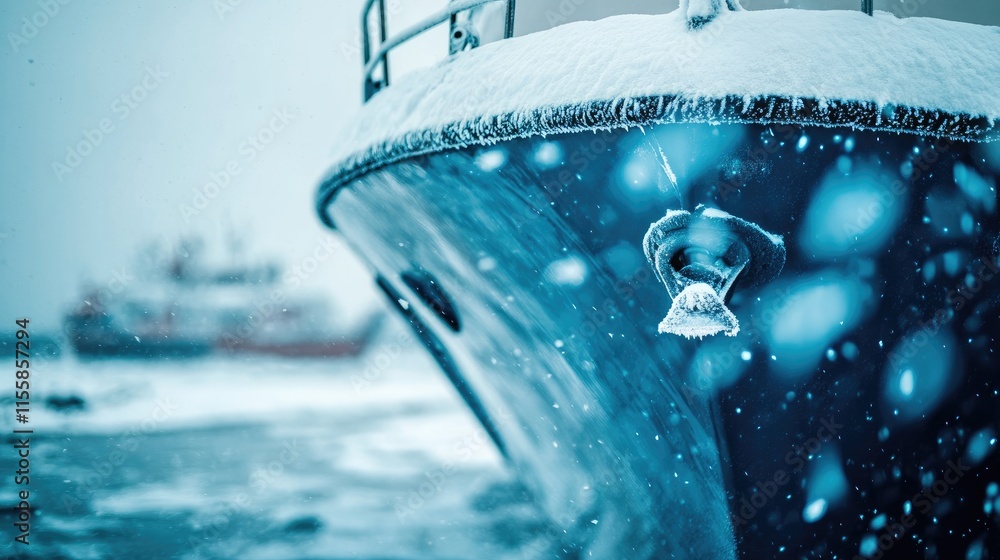 Poster close up of an icebreaker boat in a snowy arctic ocean creating a serene winter landscape with ample