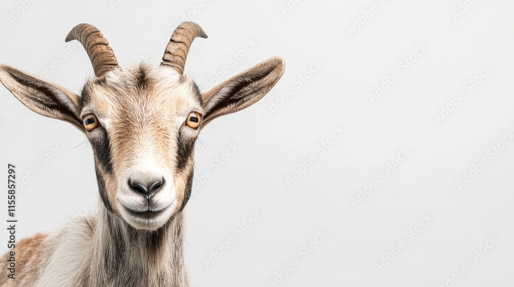 Poster close up portrait of an alpine ibex goat with neutral background for text and design elements