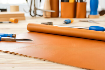 A rolled-out orange vinyl sheet placed on a wooden work surface, surrounded by scattered tools and crafting materials, portraying a detailed. Copy space 
