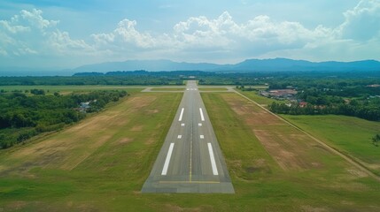Aerial Perspective of Tranquil Airport Runway with Clear Sky Ideal for Text Placement and Branding Opportunities