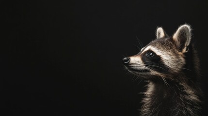 Close up profile of a young raccoon against a dark background with ample copy space for text or branding opportunities