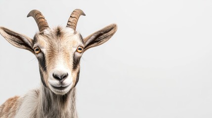 Close up portrait of an alpine ibex goat with neutral background for text and design elements