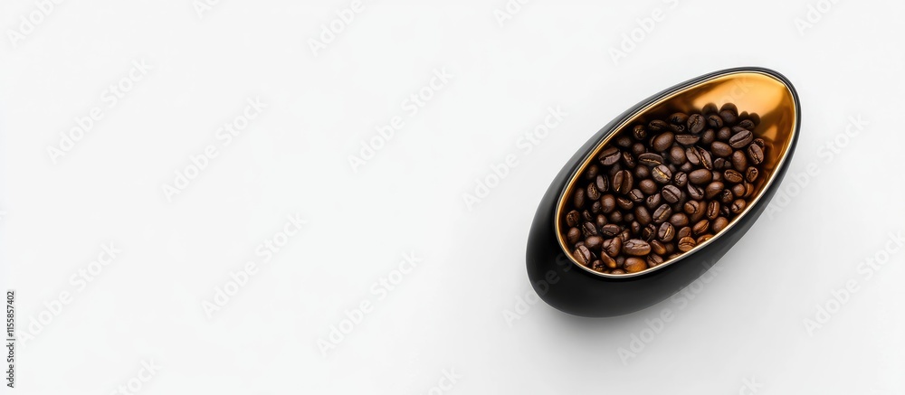 Poster top view of coffee beans in a stylish black and gold cup on a white background with space for brandi