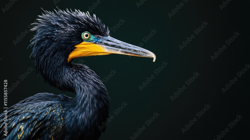 Poster elegant portrait of a sleek bird showcasing intricate details against a dark backdrop with space for