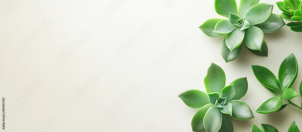 Poster close up of vibrant green succulent plants arranged on a light background creating space for text an