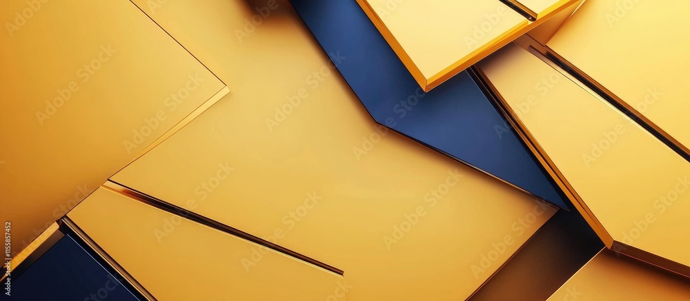 Poster 3d abstract illustration of golden and blue shapes with copy space for creative text and design elem