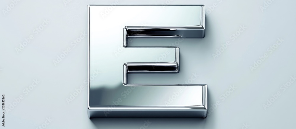 Poster 3d metallic silver letter e with reflective surface and blank space for customizable text or logo de