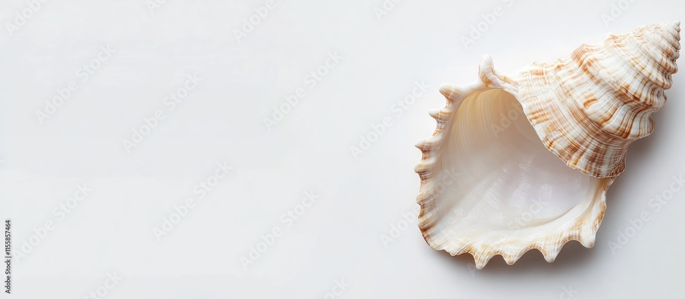 Poster close up view of an open sea shell on a white background with ample space for text or design element