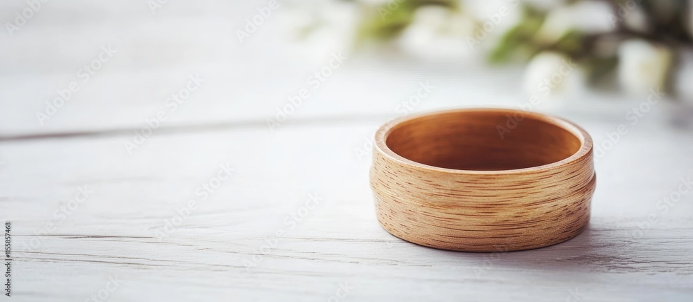 Poster close up of a handcrafted wooden ring jar on a rustic white table with soft greenery background idea