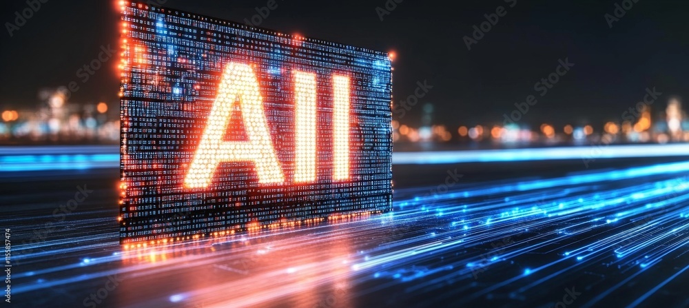Poster ai word etched on a microchip with a vibrant light dispersing into a powerful beam, set against an a