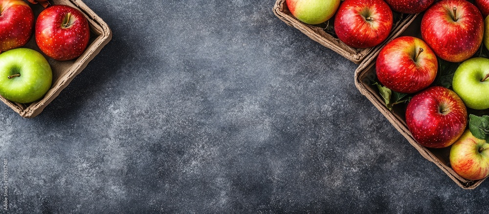 Poster fresh apples in rustic baskets on a textured dark surface with ample empty space for custom text or 