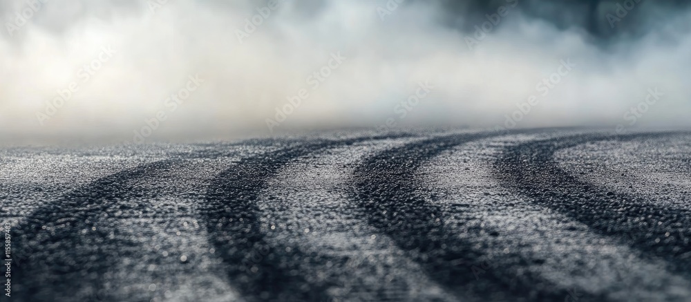 Poster tire tracks on asphalt with gray smoke clouds suggesting motion and adventure empty space for text o
