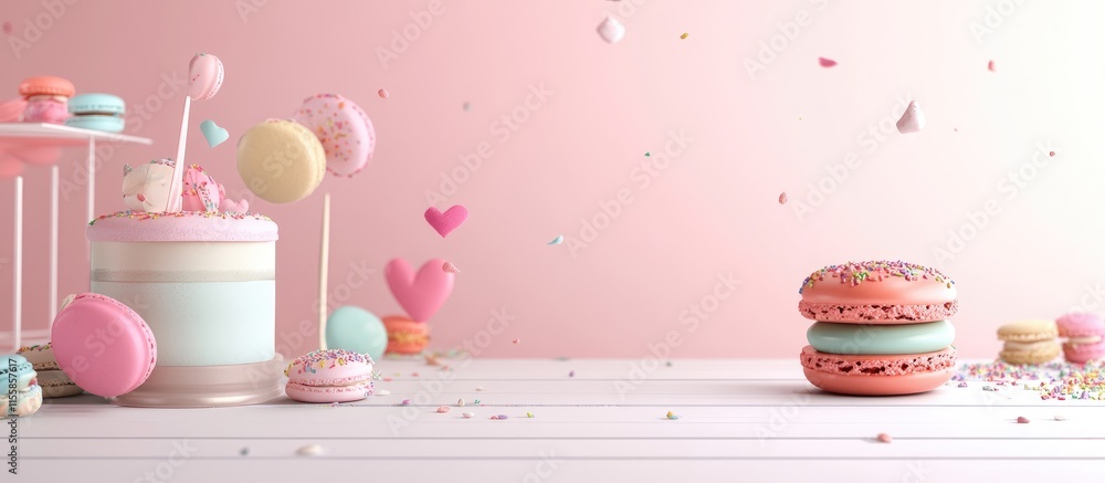 Poster colorful 3d macaron design with baking elements and copyspace for text on a soft pink background