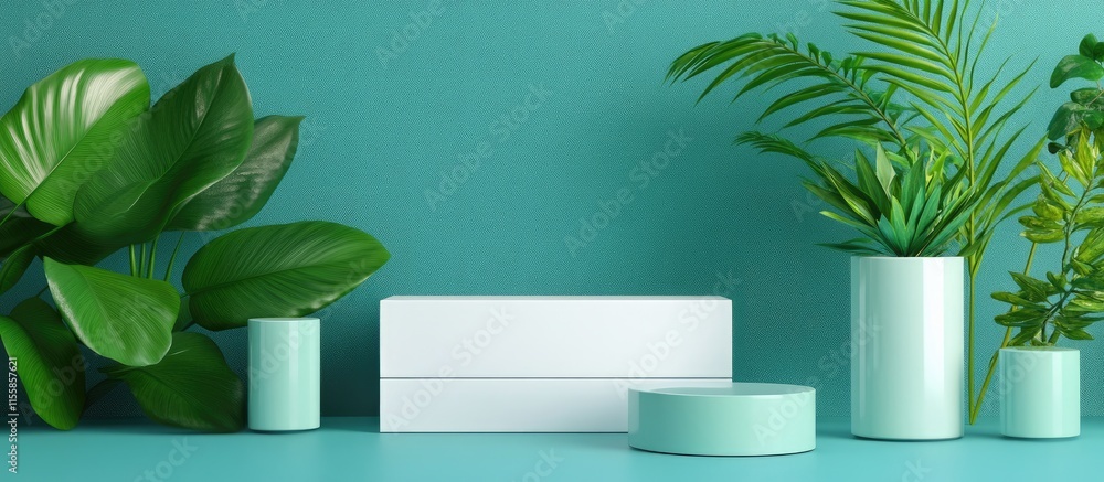 Poster modern 3d logo mockup with greenery for product advertisement featuring blank space for custom text 