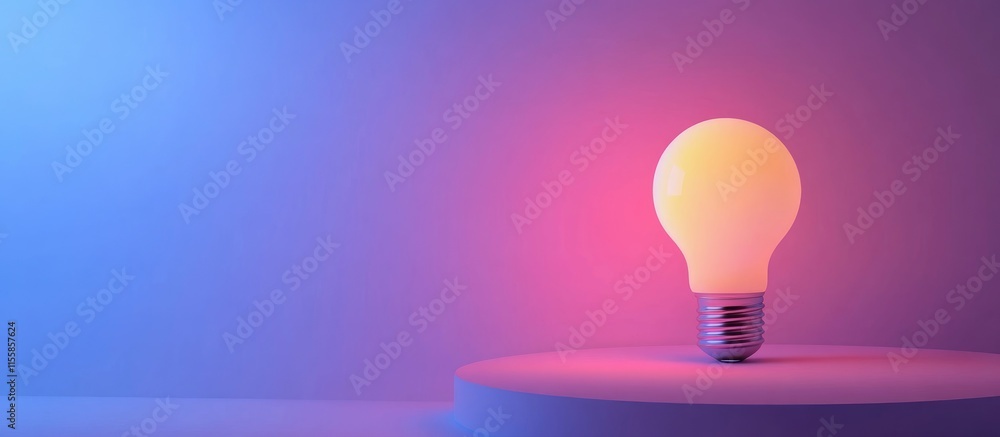 Poster 3d light bulb on soft blue and purple gradient background with clear space for custom text and creat