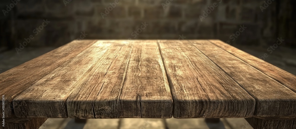 Poster 3d rendering of a rustic wooden table with natural textures providing ample empty space for text or 