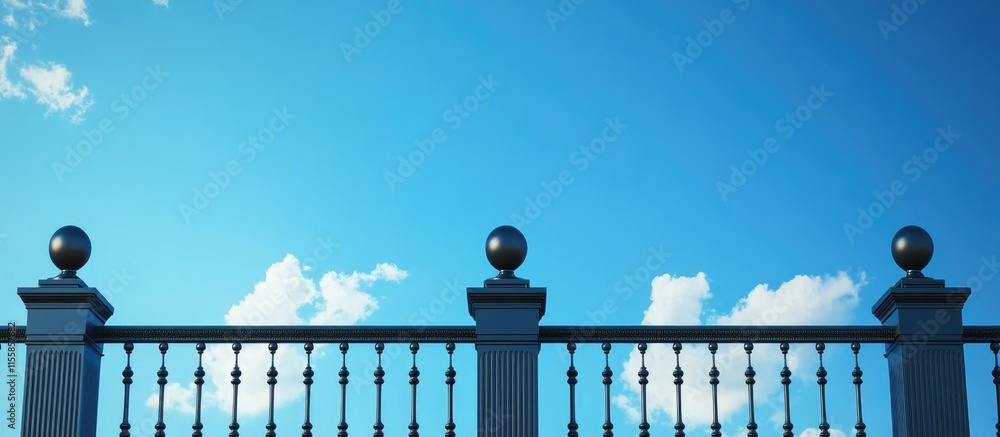Poster 3d rendering of ornate black wrought iron railings and square columns against a clear blue sky with 
